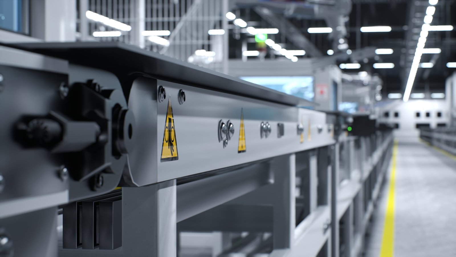 Safety measures stickers on assembly lines operated by heavy machinery, render